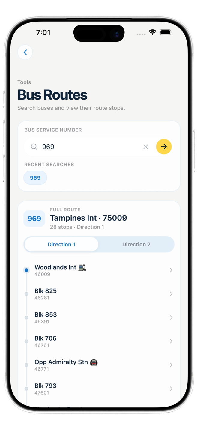 Bus Routes screen shown inside the complete iPhone frame