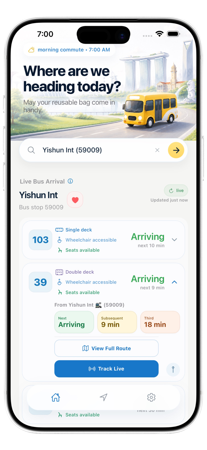 MyBus SG showing Yishun Interchange and live arrivals inside a complete iPhone frame