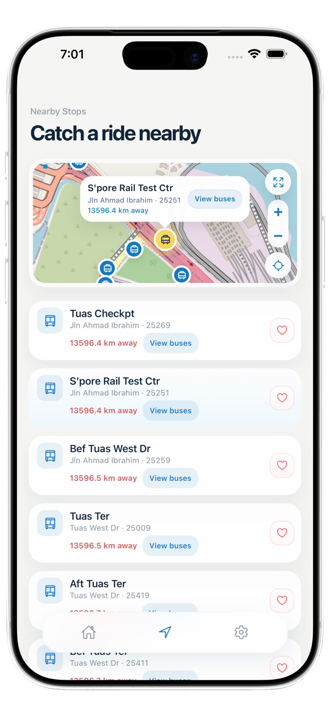 Nearby Stops screen shown inside the complete iPhone frame